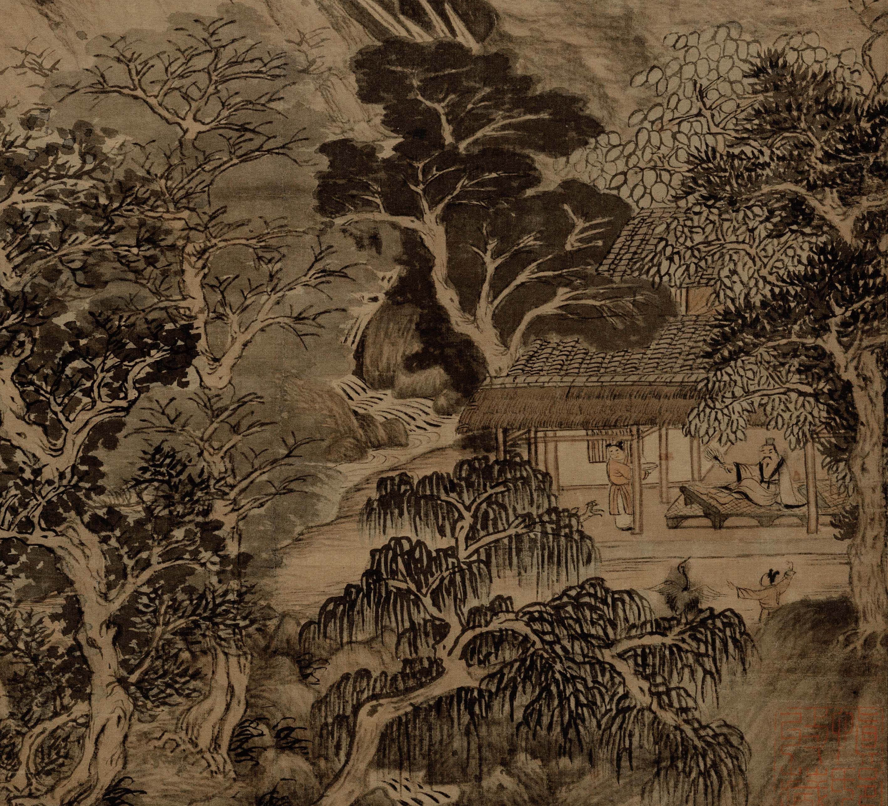 元王蒙夏山高隐图传统山水画绢本设色中式装饰画国画临摹高清微喷