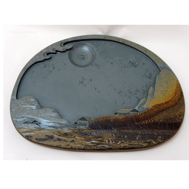 松花石砚草花砚茶台干泡台天天然纹理手工打造砚台