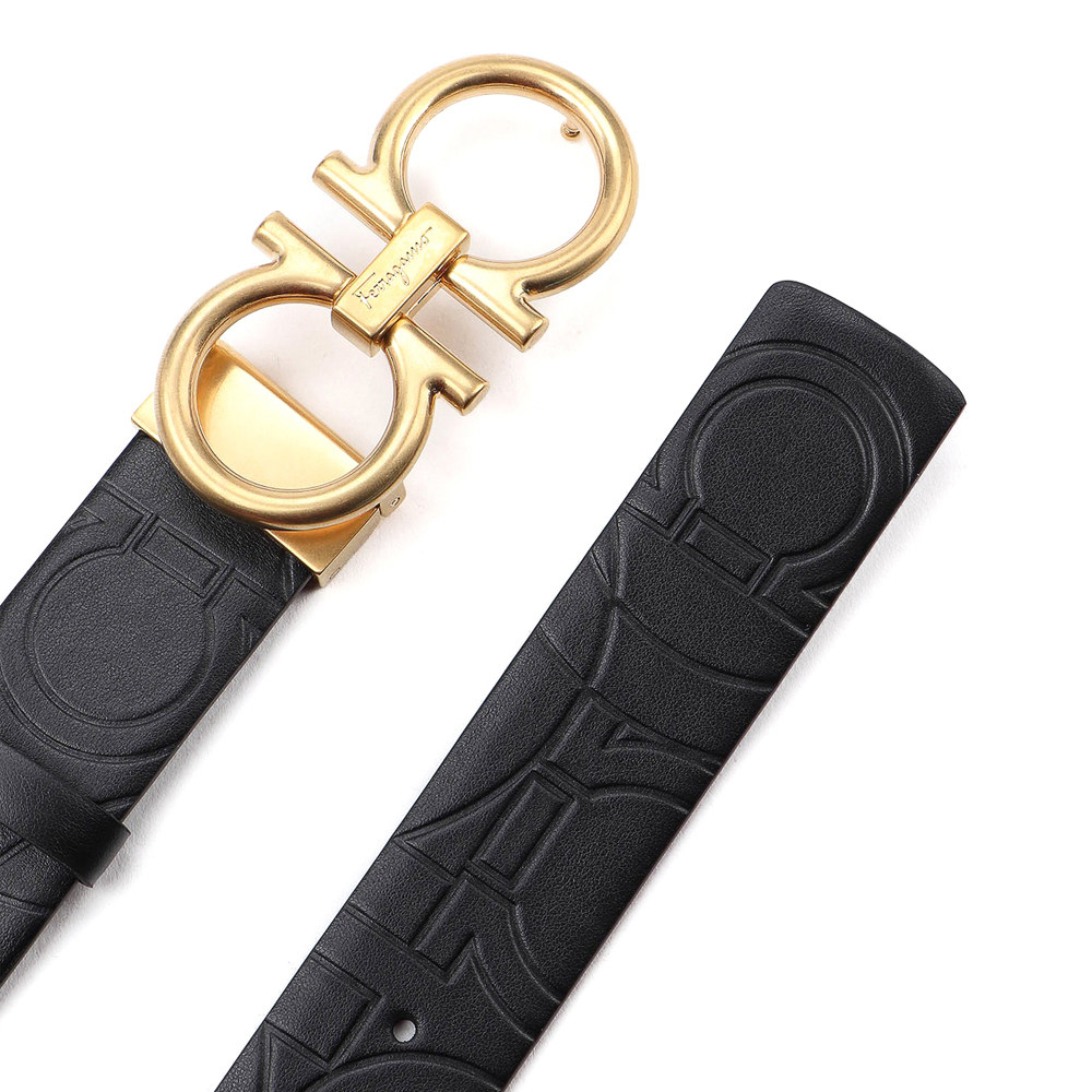 salvatoreferragamo菲拉格慕女士黑色压纹皮革金属搭扣腰带