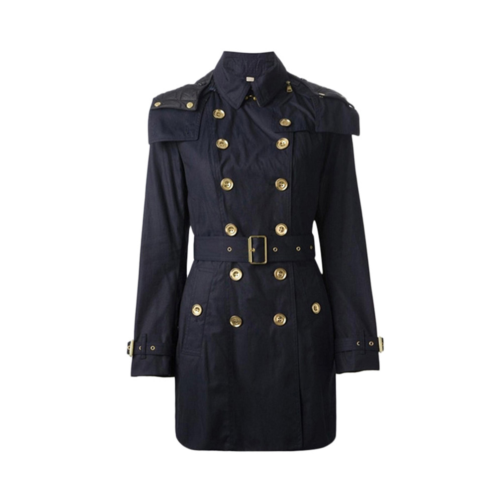 burberry博柏利女士藏蓝蓝色棉质经典百搭双排扣连风衣