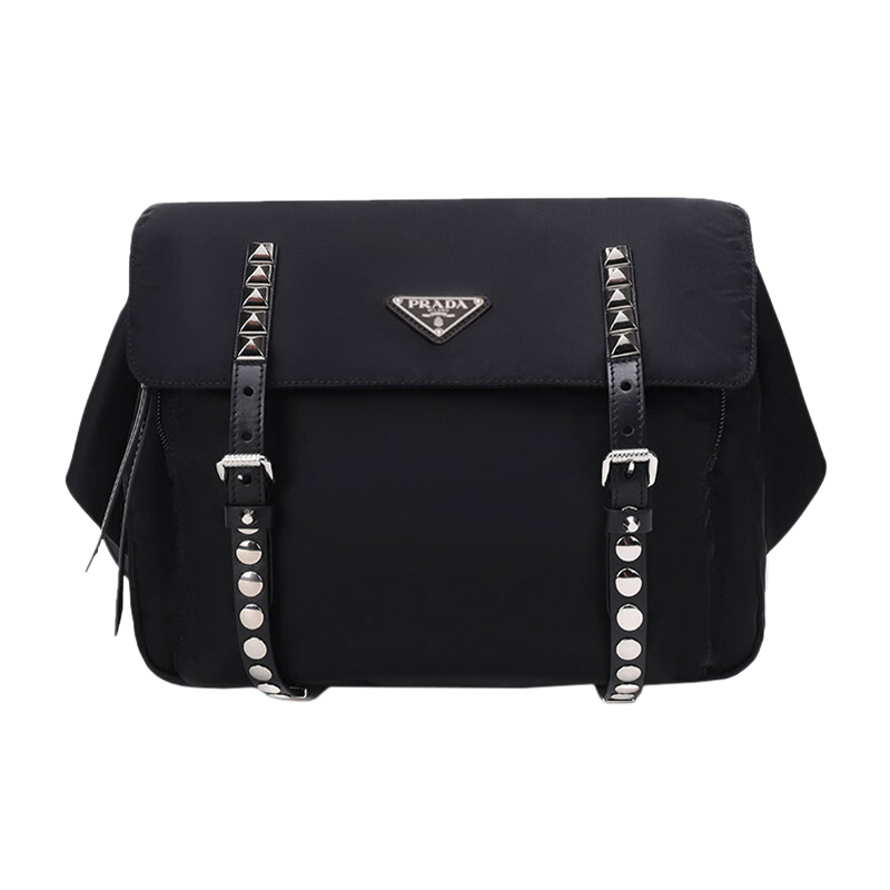 prada普拉达女包铆钉装饰黑色尼龙包腰包腰包女士包袋