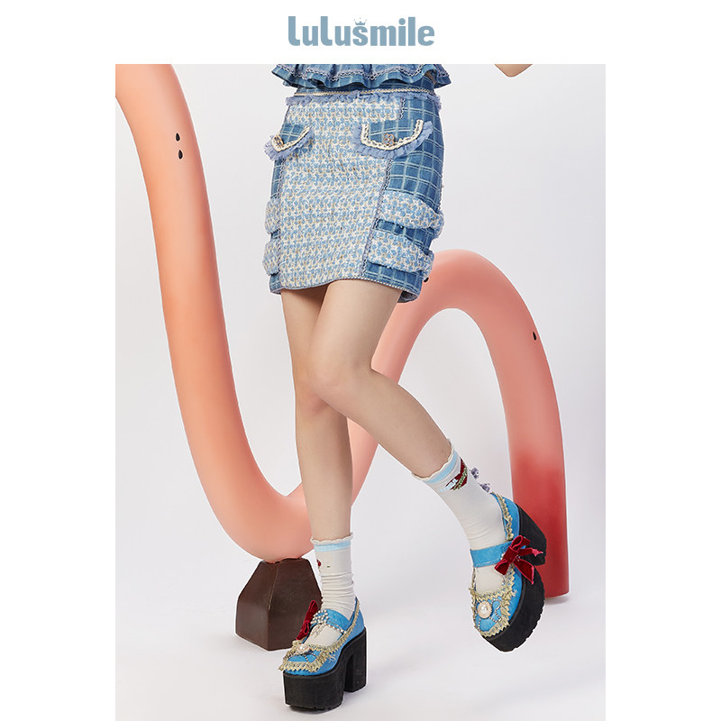 lulusmile春季新款复古时尚粗纺拼接荷叶牛仔短裙半身裙
