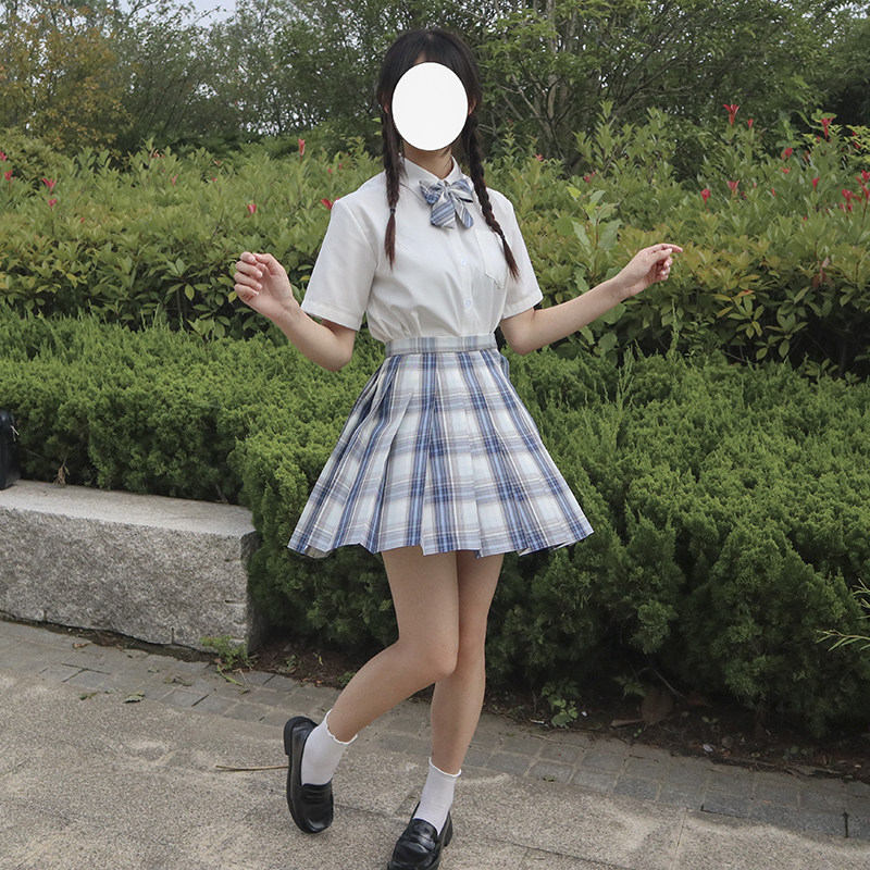 初町原创jk制服蓝莓奶茶正统百褶格裙领结