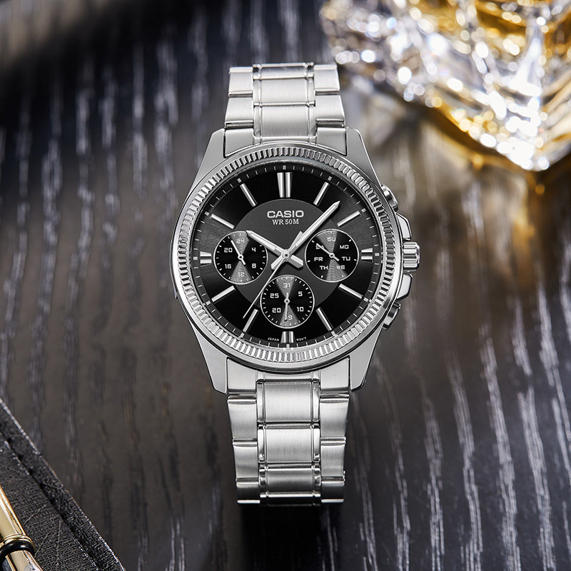 卡西欧casio手表三眼商务钢带防水男士石英表mtp-1375d-1a日韩腕表