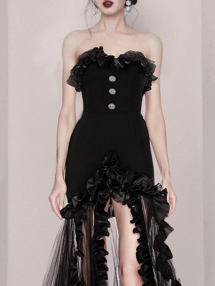 hego黑色小礼礼服女年年会主持人晚宴抹胸高端洛丽塔