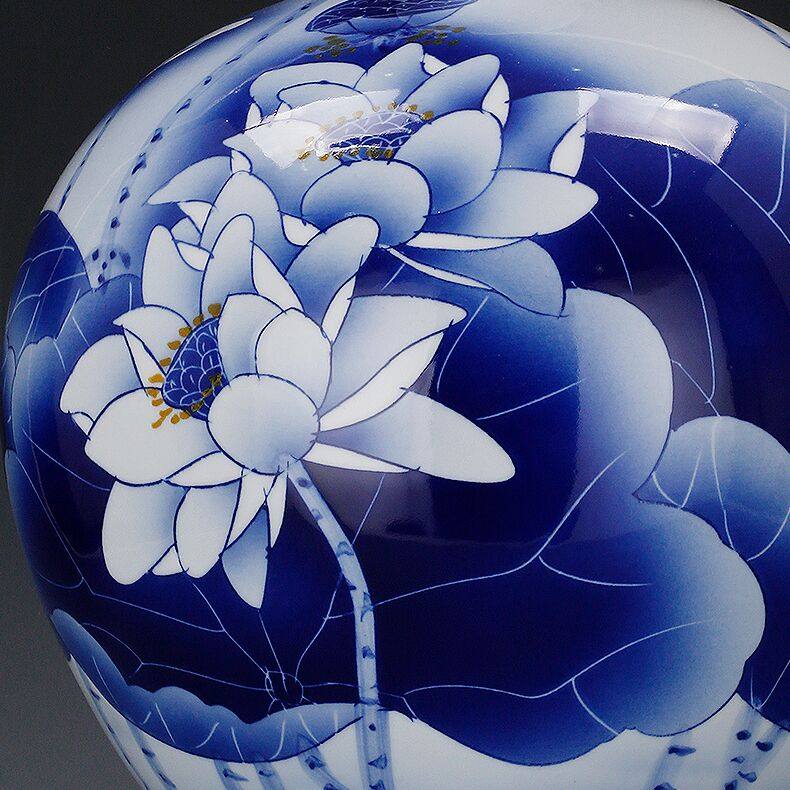 蓝韵清荷景德镇陶瓷青花蓝地荷花石榴中式家居公司花瓶