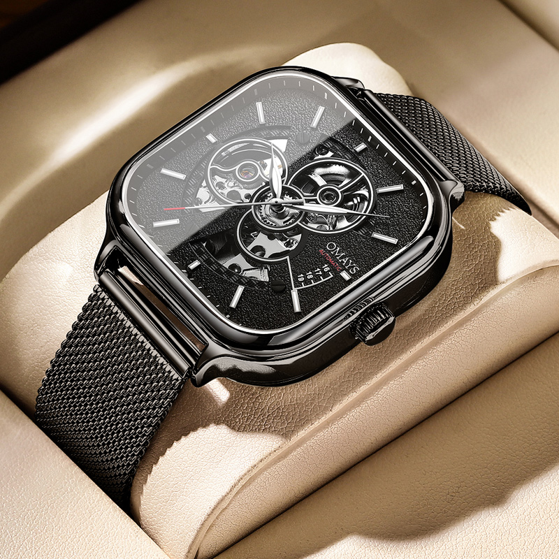 新款正品阿玛妮名牌全自动机械表手表男士镂空方形男表理查德潮流