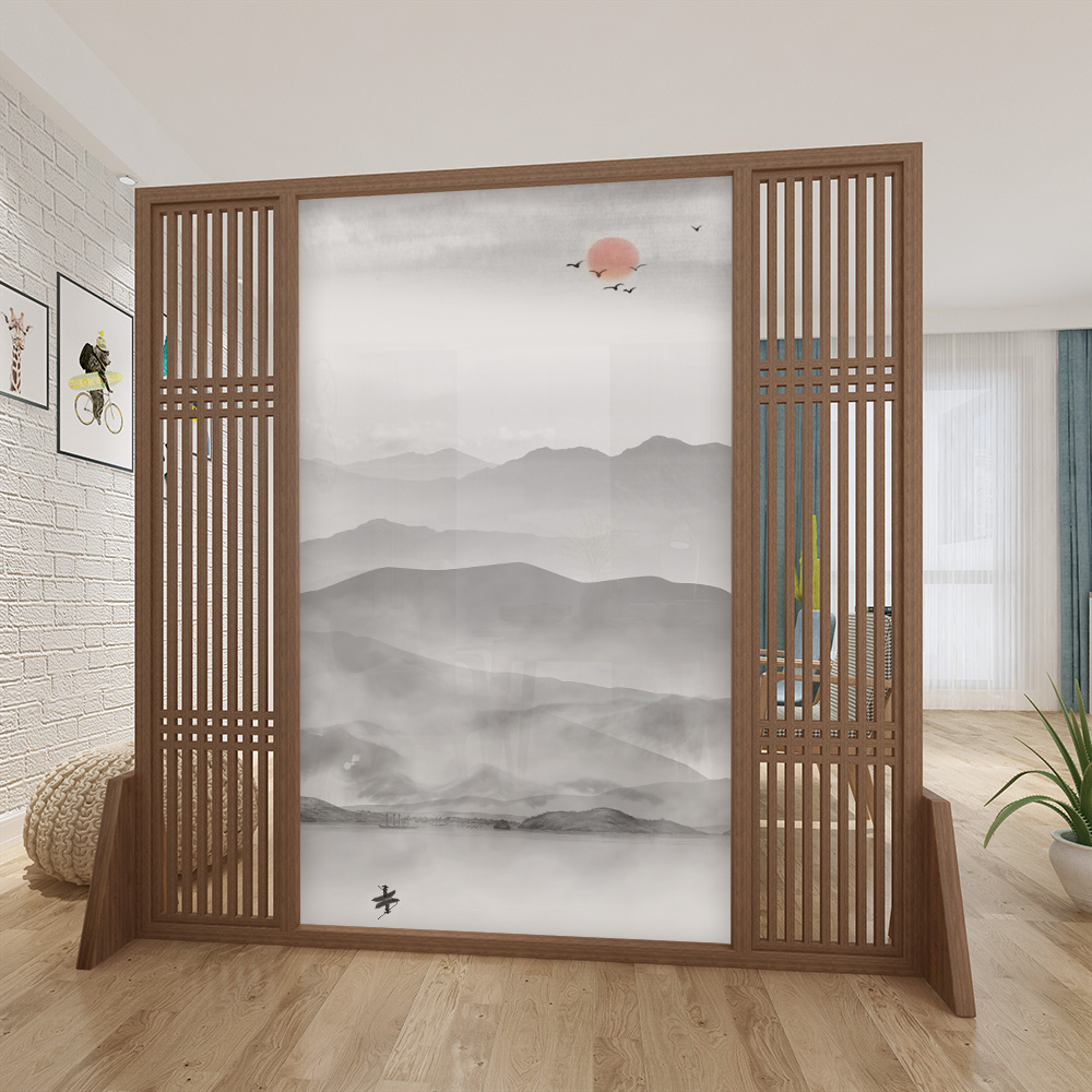 胡桃木实木格栅书房玄关大堂茶室酒店新中式隔断座屏