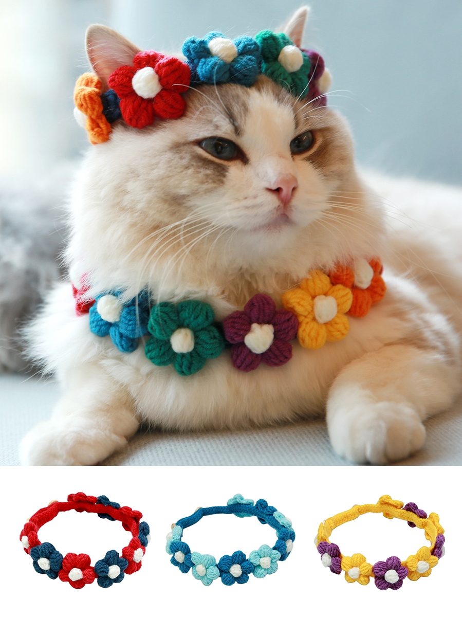 手工针织毛线宠物彩色小花花朵钩针项圈猫咪项圈