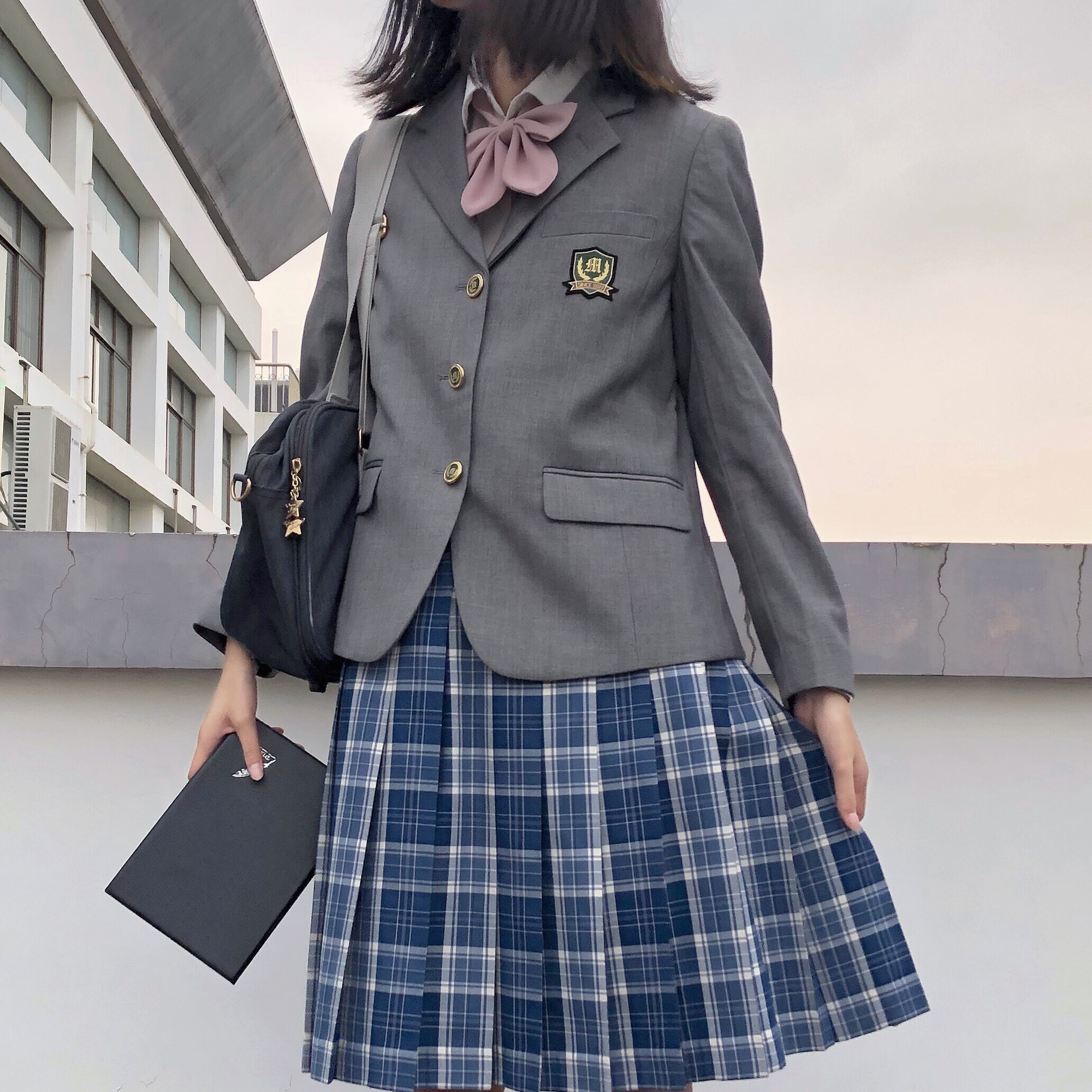 陵岚高校二花原创jk制服正统格裙蓝格trjk