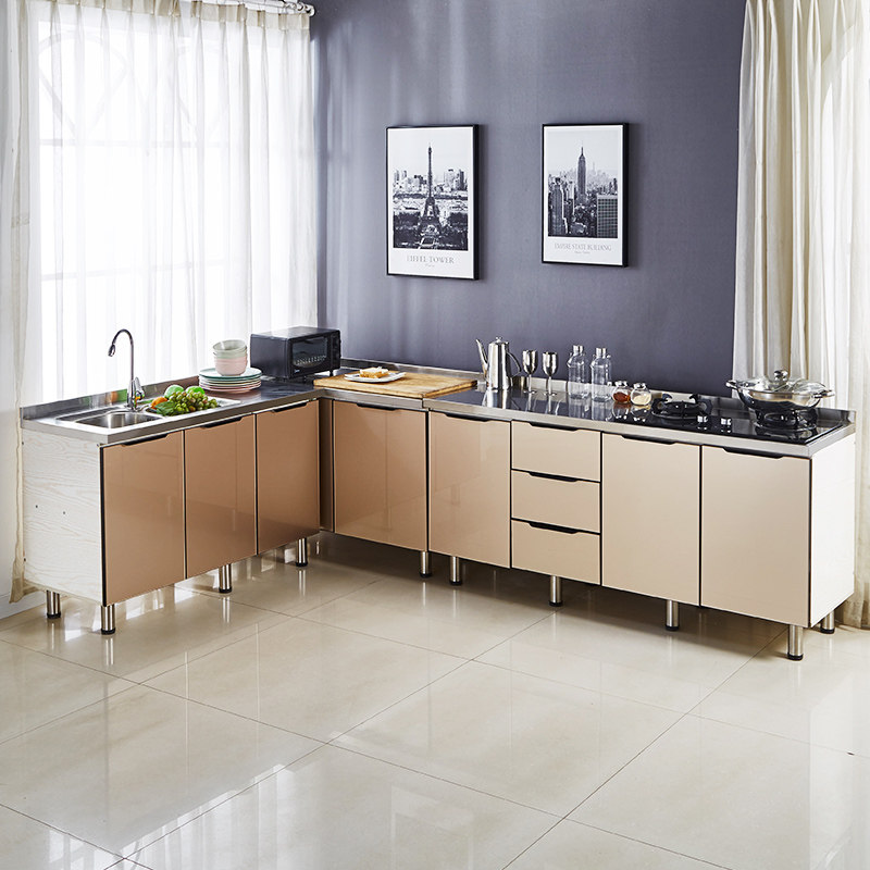 碗柜家用厨房多功能不锈钢灶台柜橱橱柜一体简易餐边柜