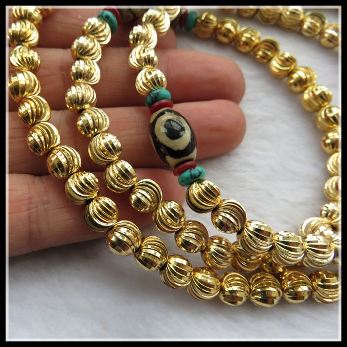 108颗7mm黄铜镀金手链项链尼泊尔铜珠3眼天珠项链