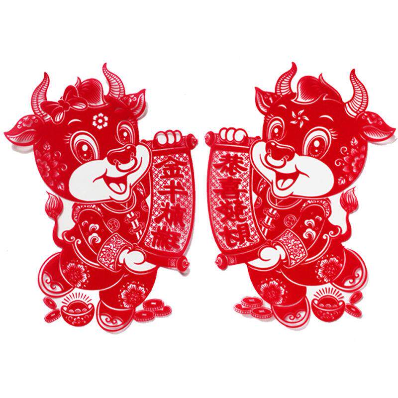 2021牛年门贴福字卡通植绒生肖贴牛过年贴纸春节年画贴画新年装饰