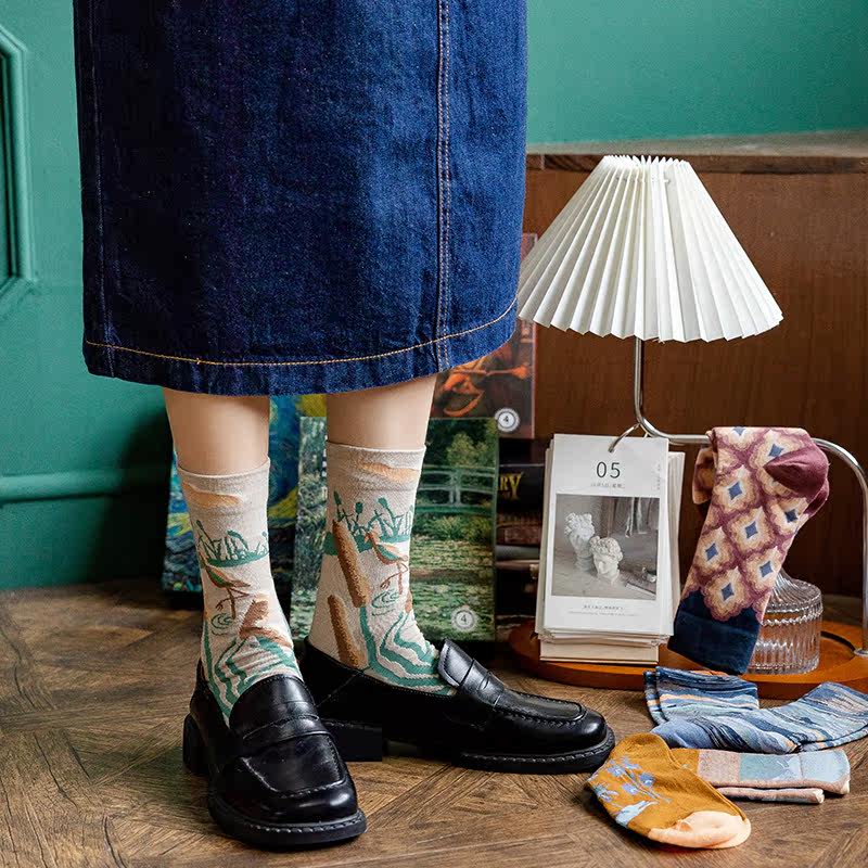 袜子女男潮网红油画复古中长长高筒腰ins纯棉中筒袜