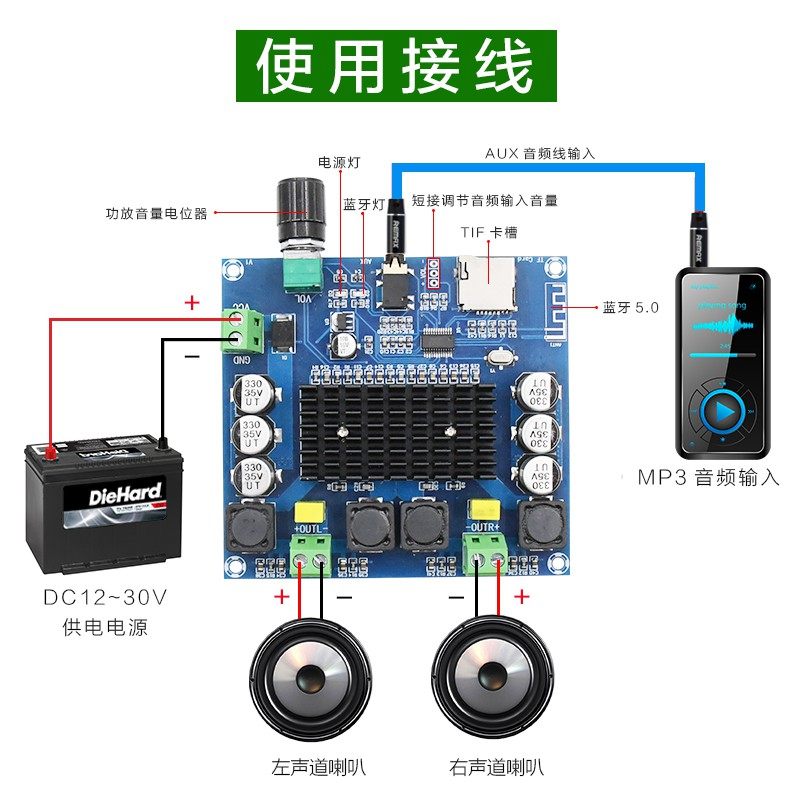 tda7498蓝牙数字功放支持aux带电电位器100w大功率功放板