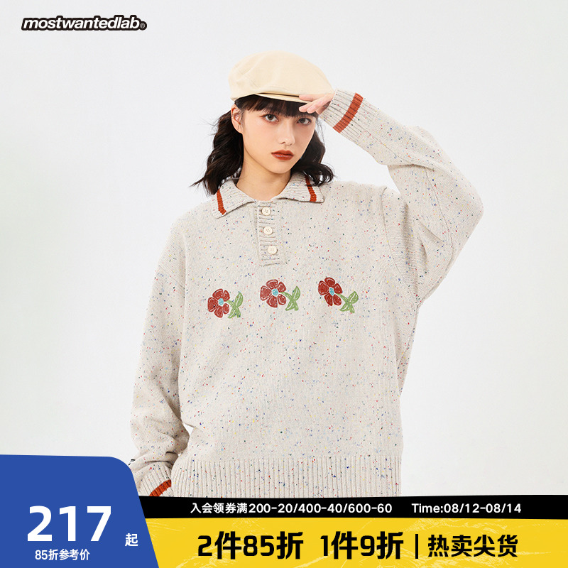Mostwantedlab 花卉印花日系polo领毛衣男春秋慵懒风情侣针织衫女
