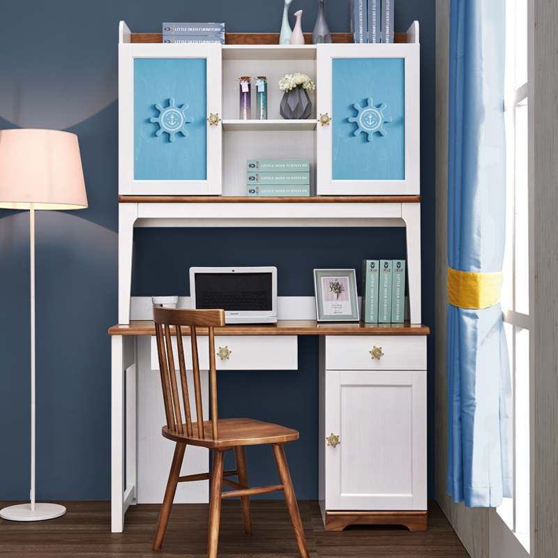 实木书桌直角电脑桌家用儿童学习桌带书架一体电脑桌