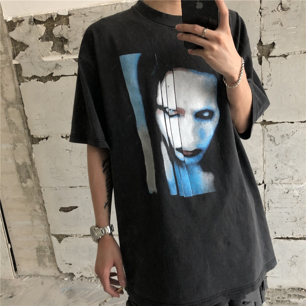 marilyn manson玛丽莲曼森高街短袖vintage水洗做旧fog风格t恤潮