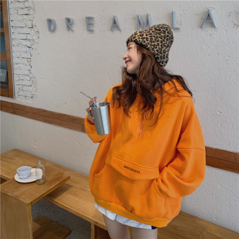 南瓜色卫衣加绒橘色女连帽炸街外套字母宽松古着感ins网红橙色潮