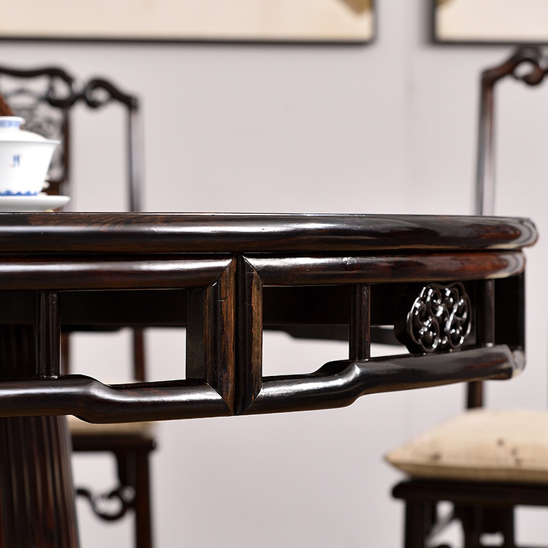 名佳红木家具条纹乌木圆餐桌椅组合实木仿古圆台实木餐桌