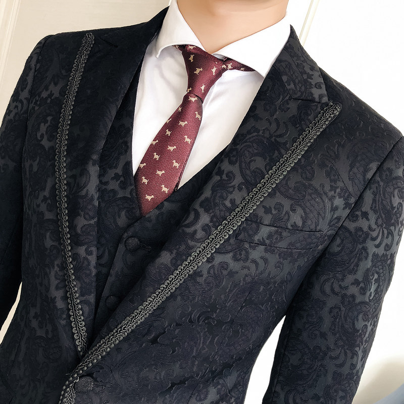 年会西装男套装男士提花高档晚宴礼服主持人演出西装新郎结婚西服