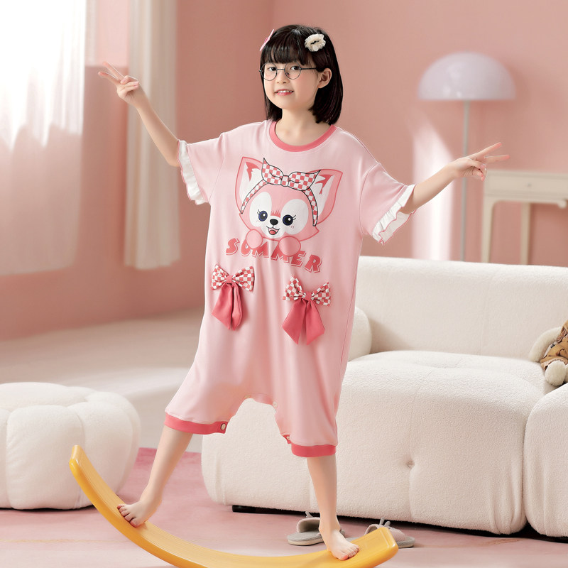 芬腾女童连体睡衣儿童夏季纯棉短袖宝宝大童家居服连体衣