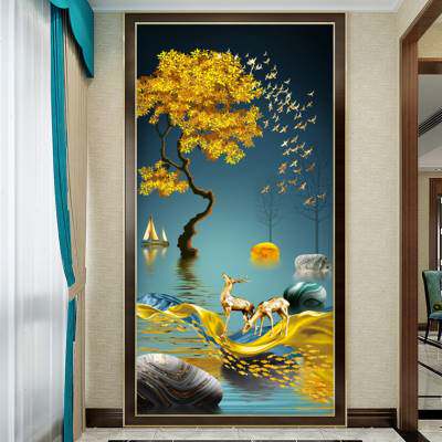 福禄招财玄关背景墙壁纸3d走廊过道墙布入户无纺布墙纸