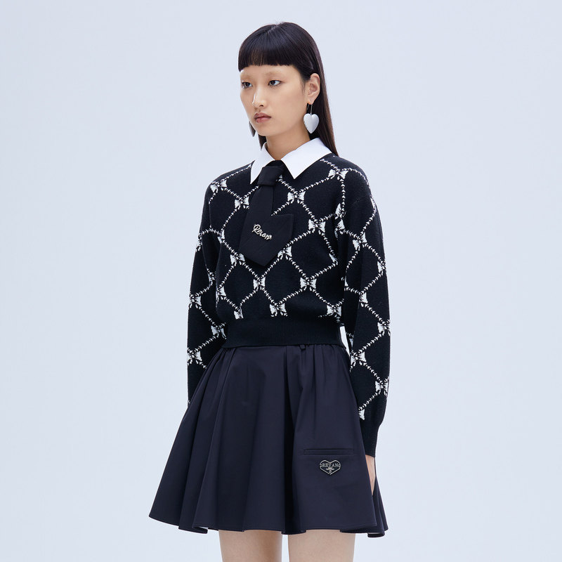 revan芮范2021冬季设计师蝴蝶结提花两件件套宽领毛衣