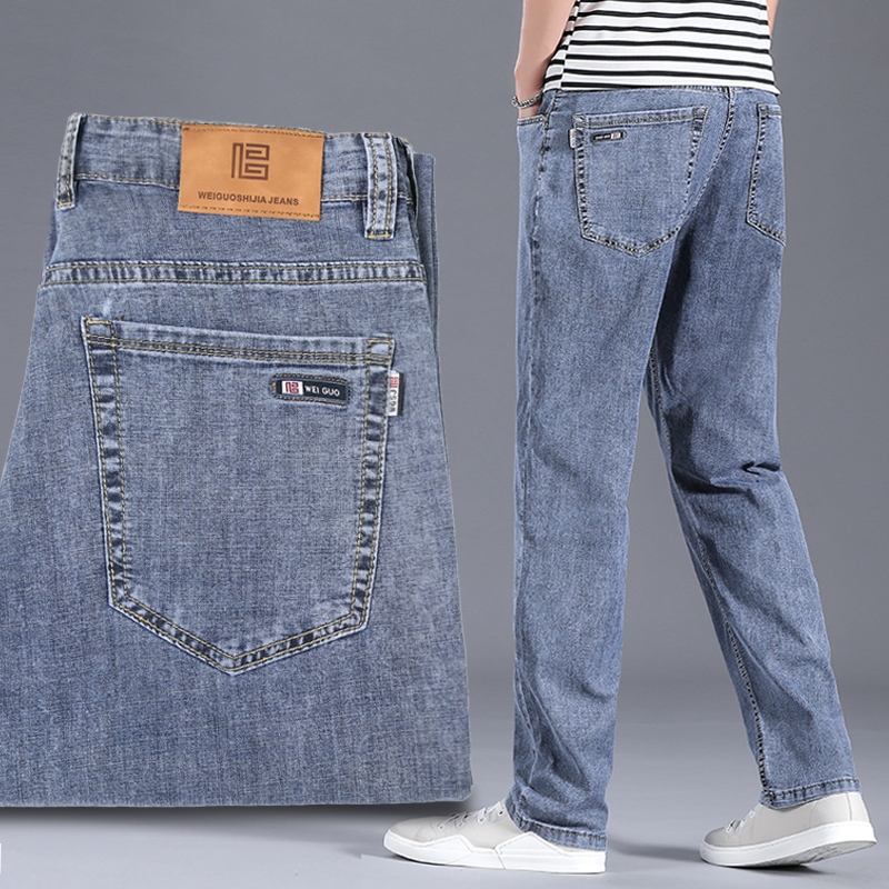 夏季薄款高端牛仔裤男直筒宽松阔腿大码胖子高腰高级春秋长裤子男