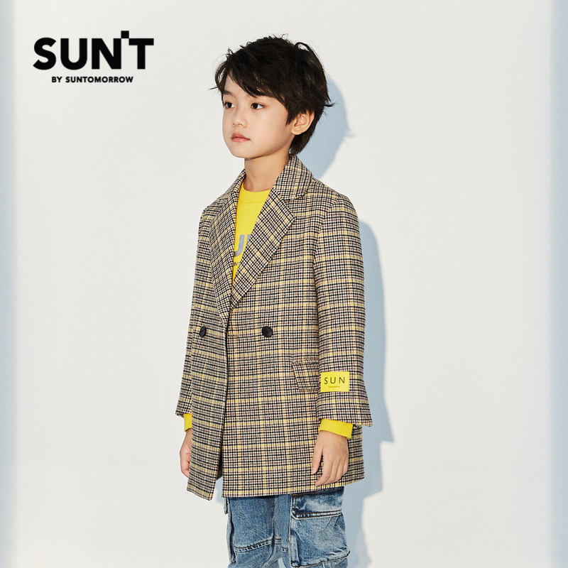 suntomorrow童装西装外套2020冬季新款中大长袖格子呢大衣