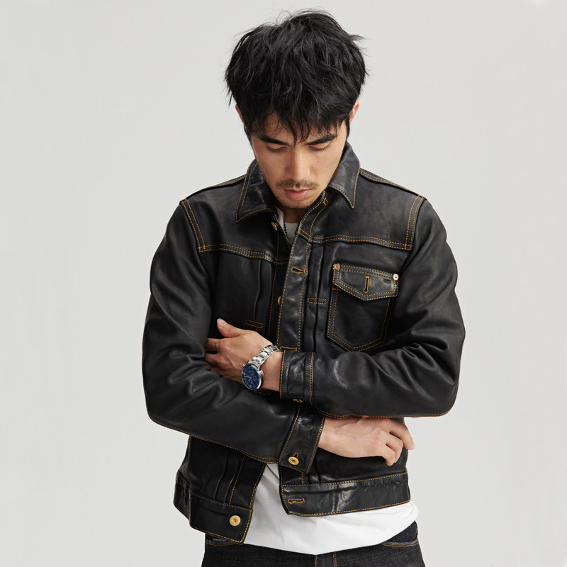 皮衣日系复古短款衣服男头层马皮潮流真皮皮夹克皮衣