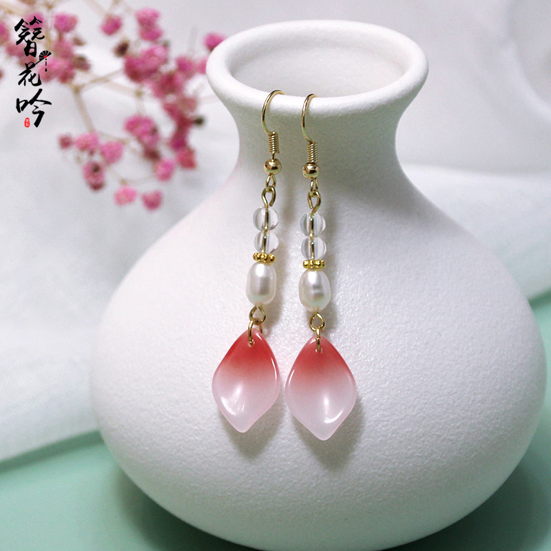 簪花原创古风耳环渐变桃花粉红色花瓣耳坠汉服耳环