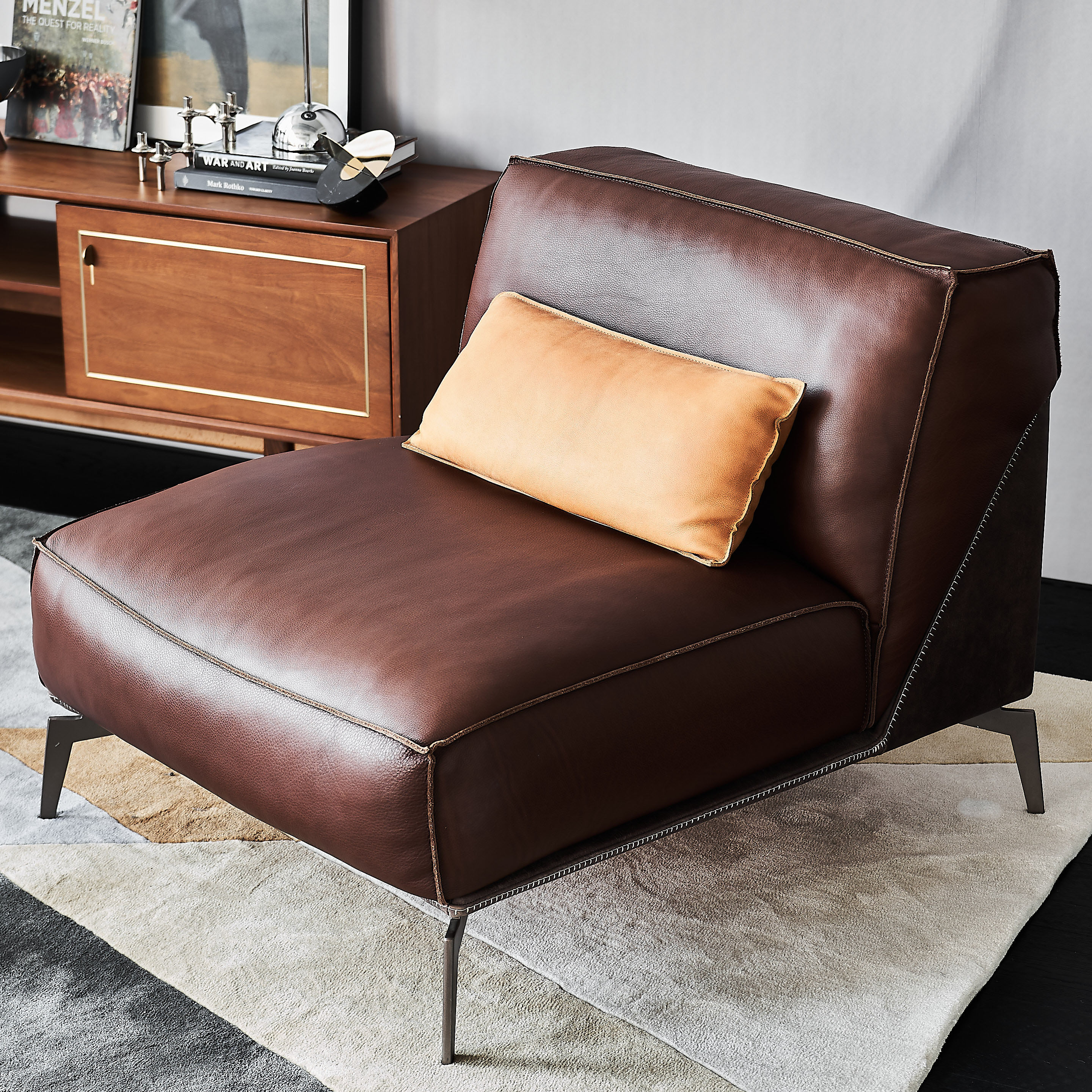 bamdermu休闲椅意式极简皮艺真皮羽绒单人沙发椅