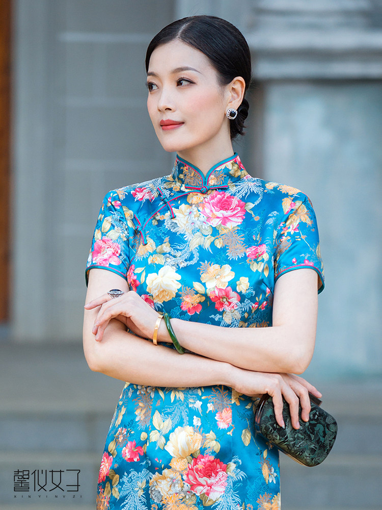 馨仪女子蓝彩2020夏季新款女中国风唐装全真旗袍