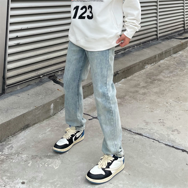 美式街头水洗直筒简约牛仔裤基础蓝色休闲长裤男高街宽松浅色裤子
