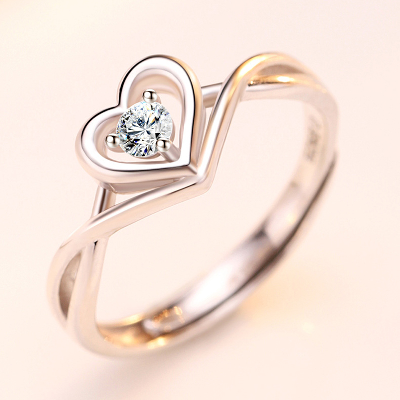 s925石爱心情人钻戒仿真爱心莫桑纯银简约日韩戒指