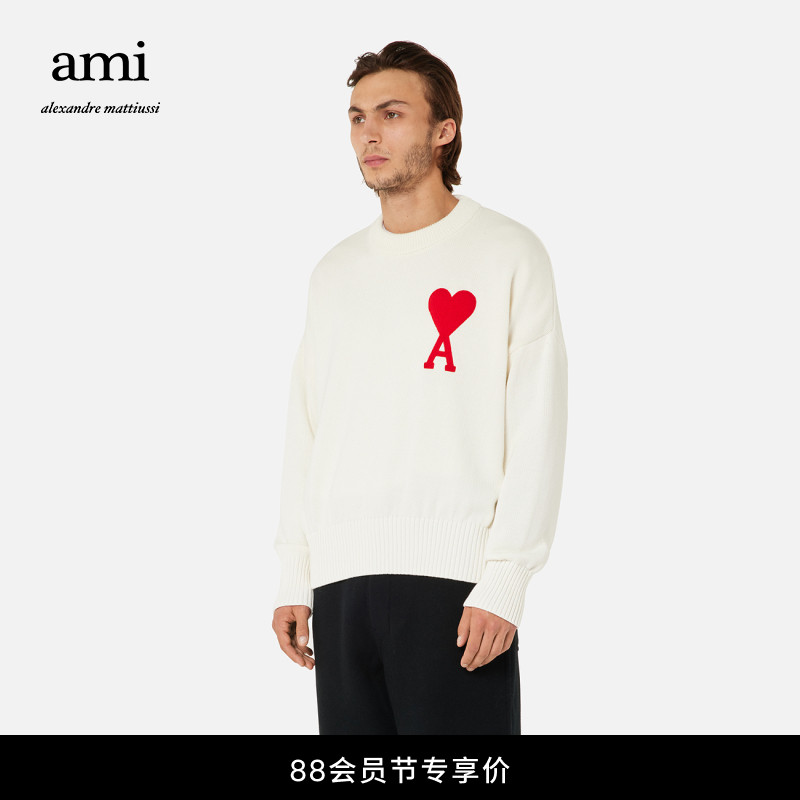 AMI 男士经典款爱心款棉质混纺白色青春流行宽松套头经典圆领毛衣