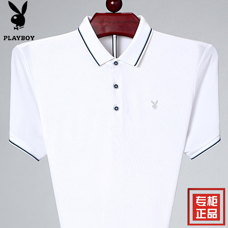 花花公子夏季桑蚕丝男士翻领中年半袖体恤宽松polo衫短袖t恤上衣