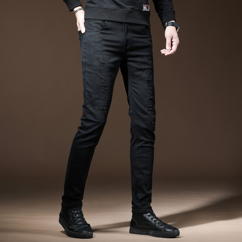 高端黑色牛仔裤男破洞修身小脚裤休闲潮牌弹力薄款潮流九分男裤子