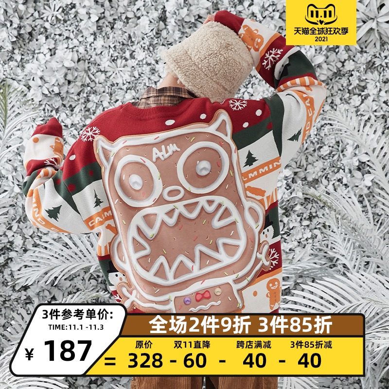 CALMMIND圣诞姜饼人怪兽针织衫宽松休闲情侣装秋冬圆领潮流毛衣男