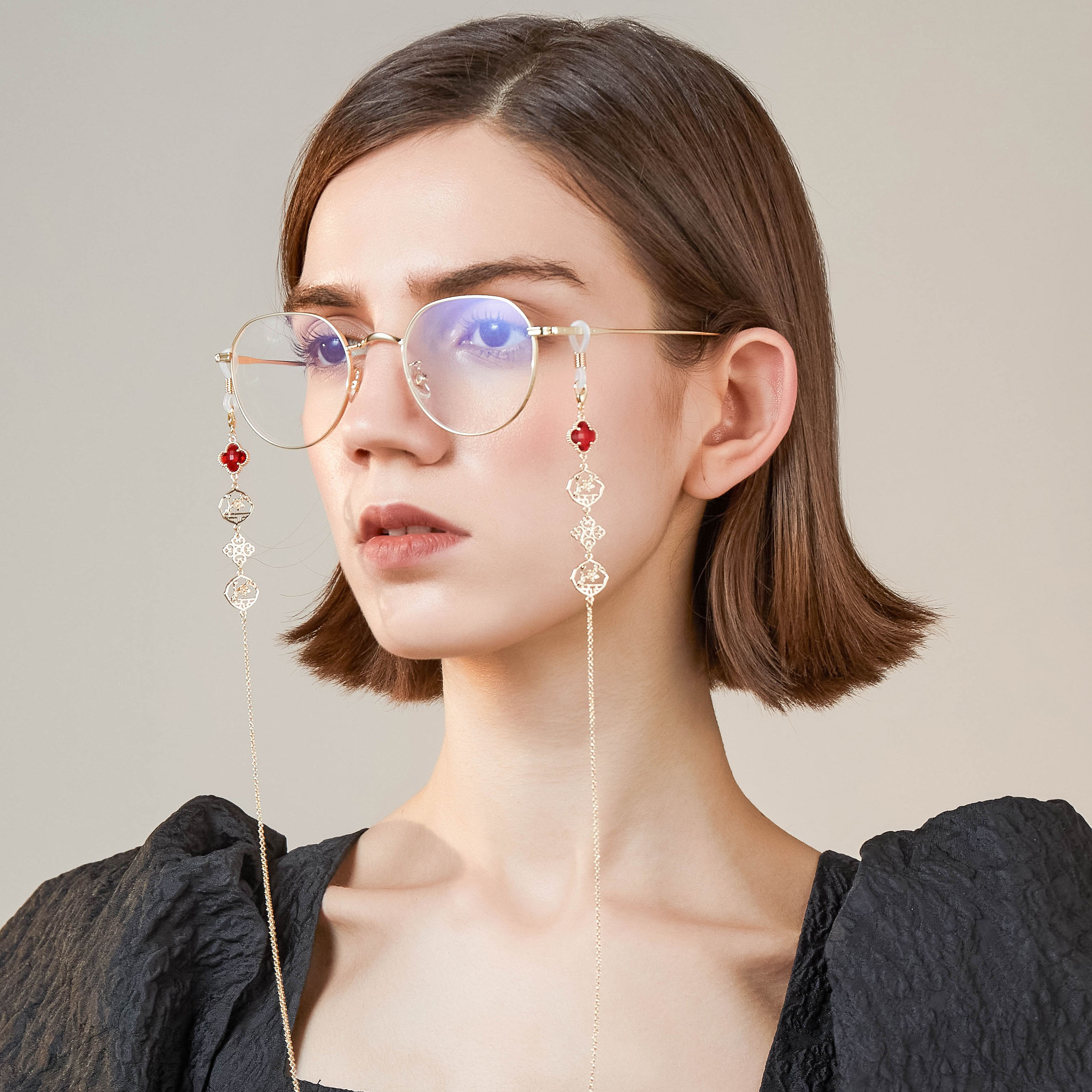 眼镜四叶草梅花云纹镂空窗花中国古风文艺挂脖眼镜链