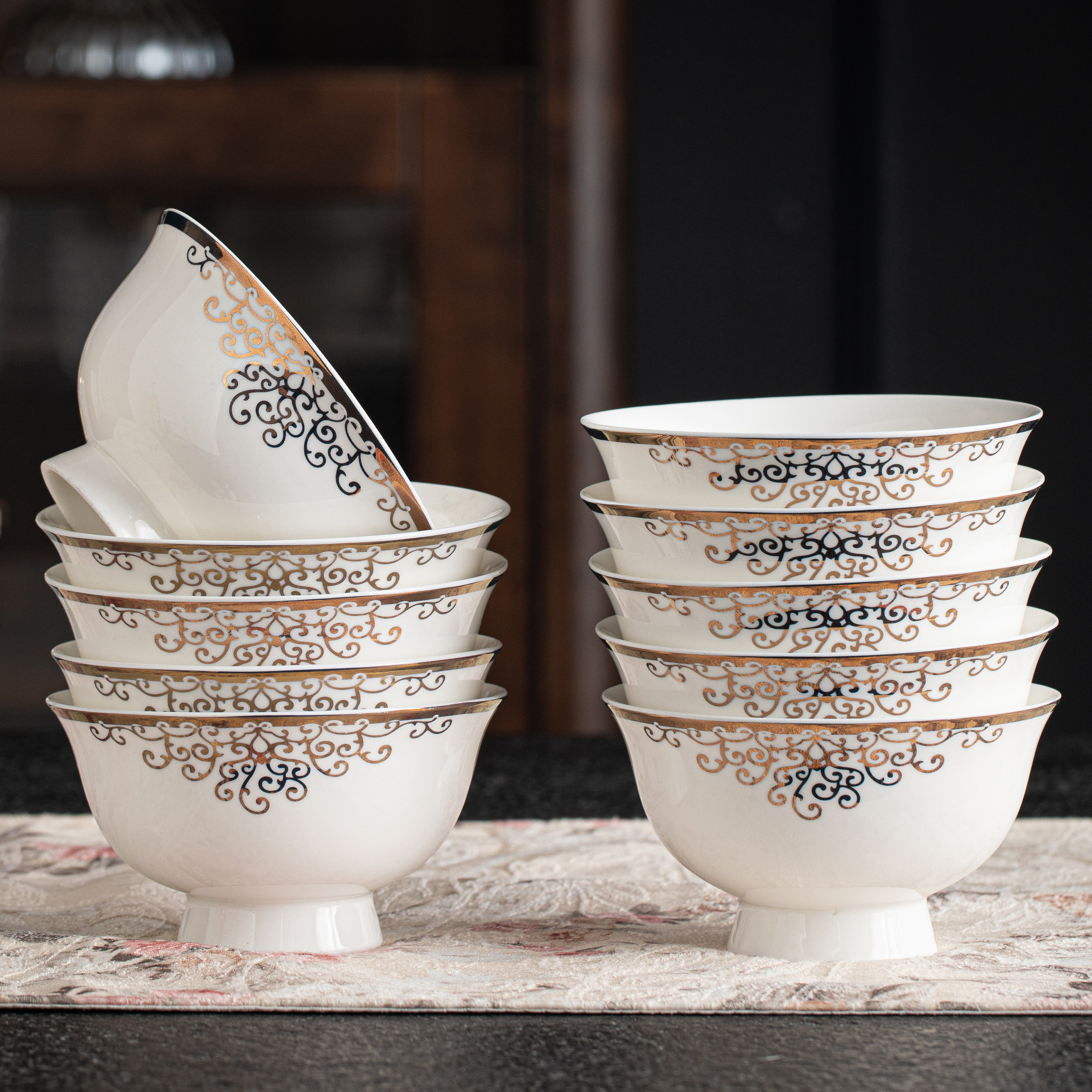 饭碗景德镇陶瓷瓷碗10个装45英寸高脚家用中式餐具碗