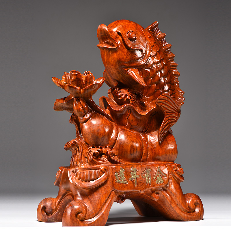 花梨木雕连年有余摆件实木木质雕刻年年有余家居摆件