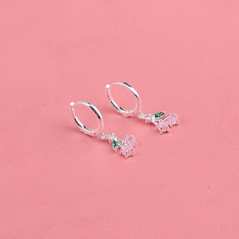 s925银粉粉色樱桃耳扣女夏季新款气质韩版甜美仙耳环