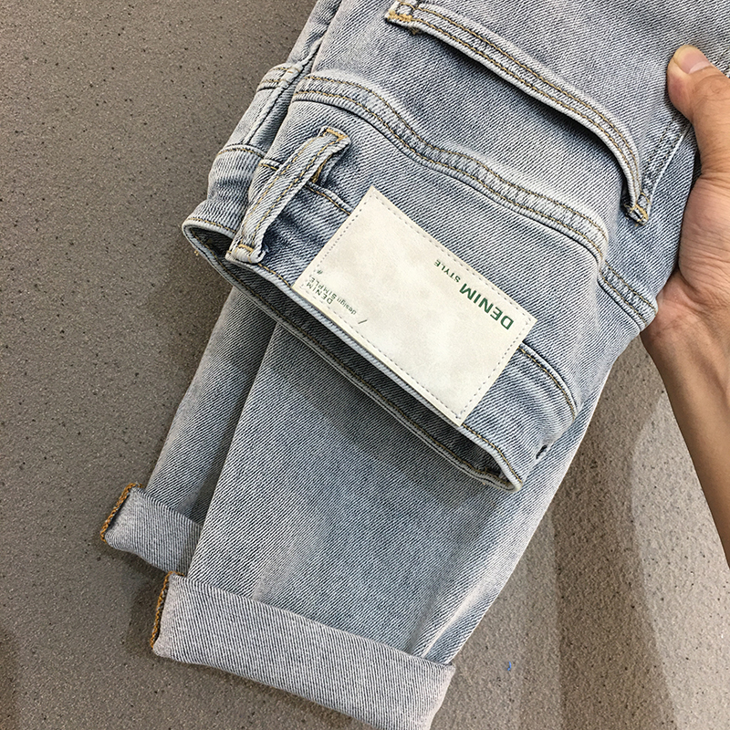 浅色牛仔裤男春夏季薄款复古洗水做旧修身小脚百搭长裤韩版潮流