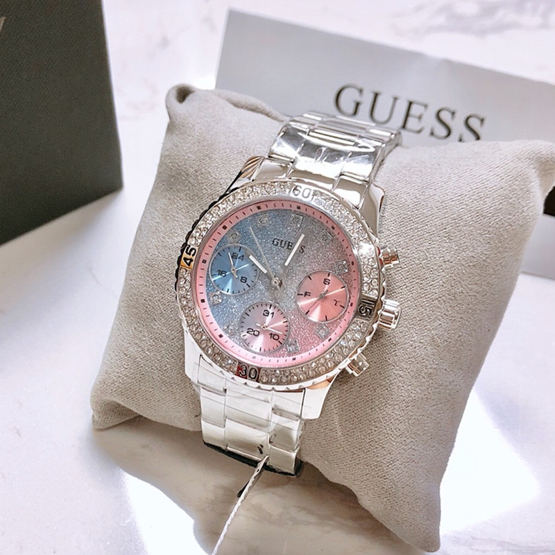 正品guess手表水晶镶钻银色钢带渐变三眼盖斯欧美腕表