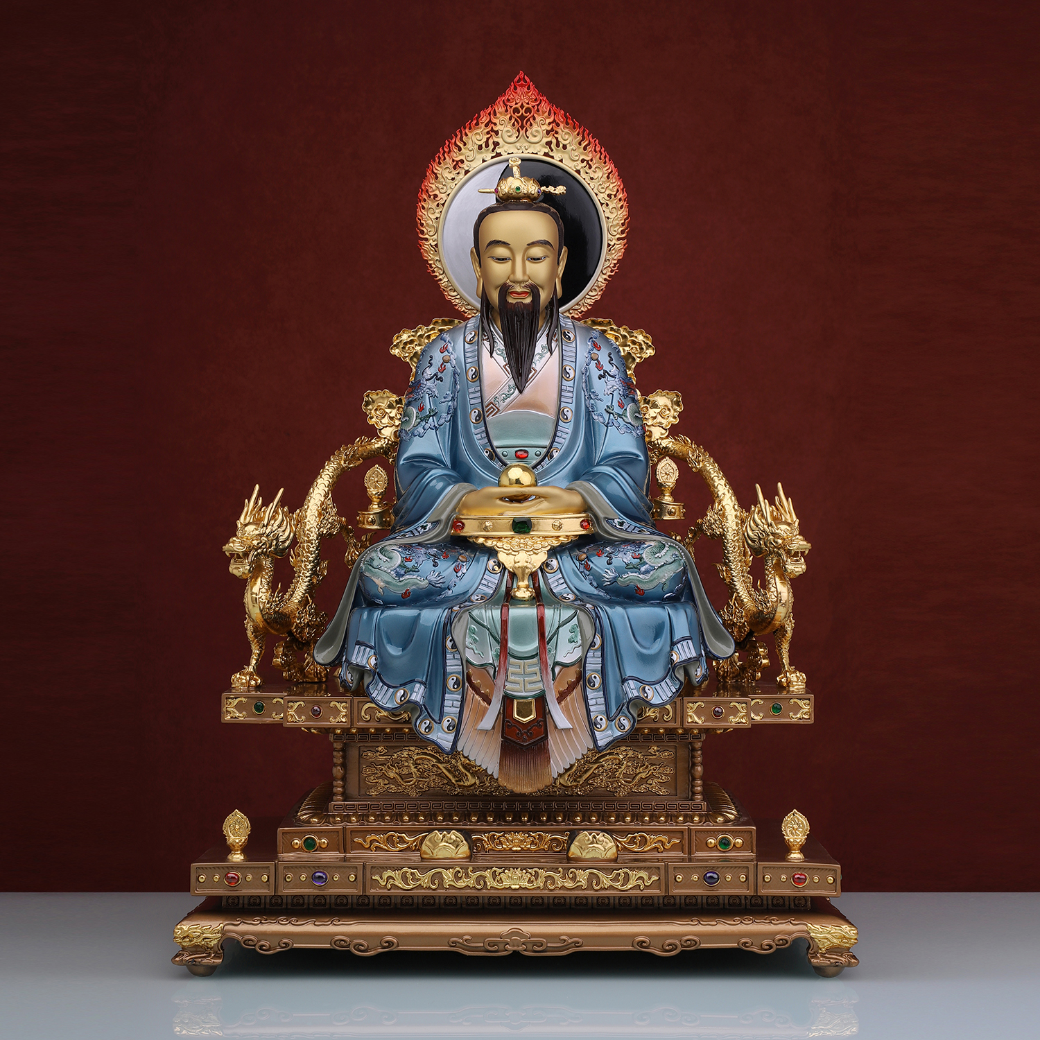 天尊三清清道神像纯铜彩绘太上老君元始灵宝摆件