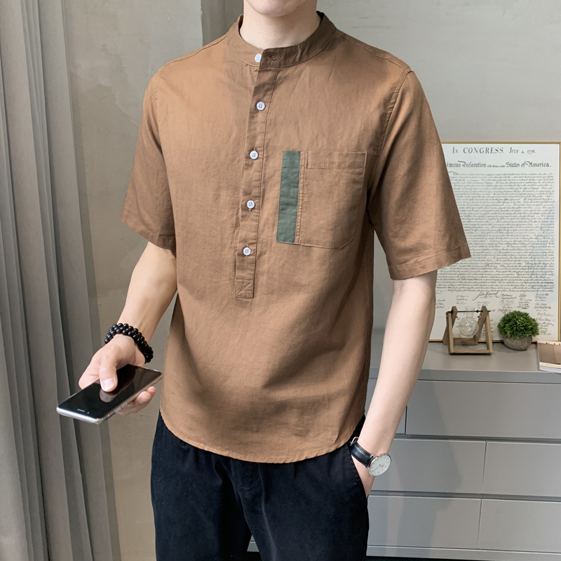 夏季新品潮流五分短袖透气亚麻衬衫男士薄款韩版休闲小衫补丁上衣