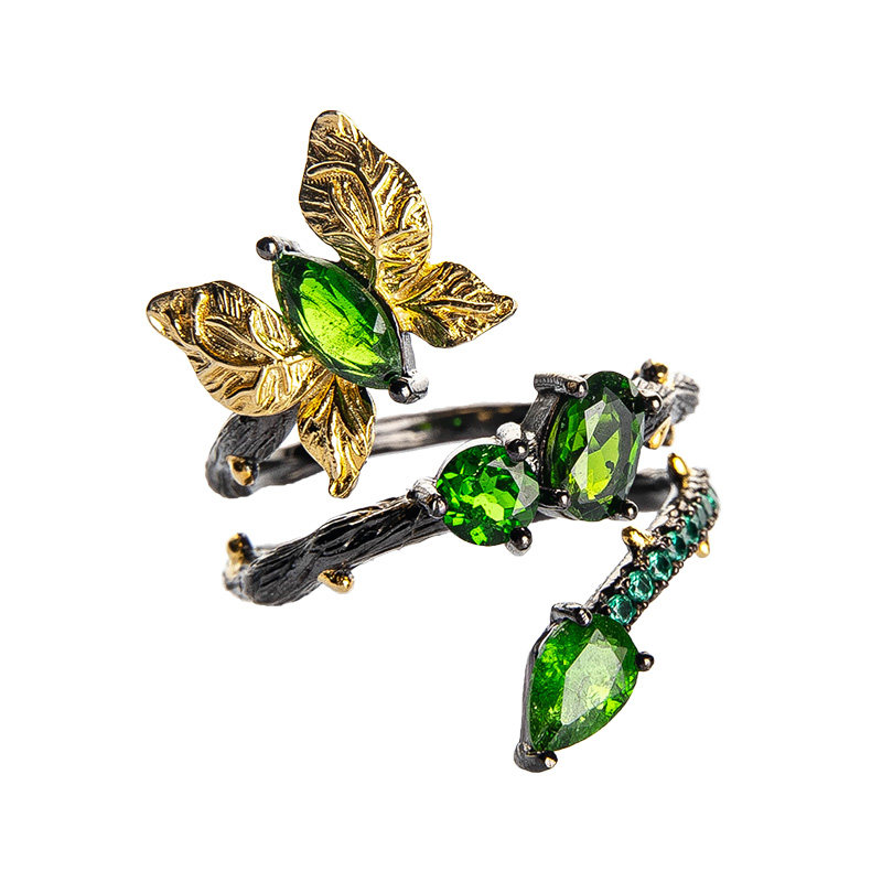 艺术蝴蝶精灵彩色宝石戒指小众原创设计轻奢手饰