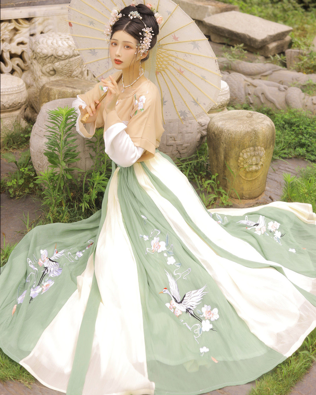 玉术汉服女幽风原创正品坦领齐腰儒裙秋冬仙鹤三件套6米大摆日常